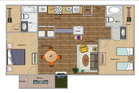Floor plan for 2 beds, 2 baths, 791 sqft